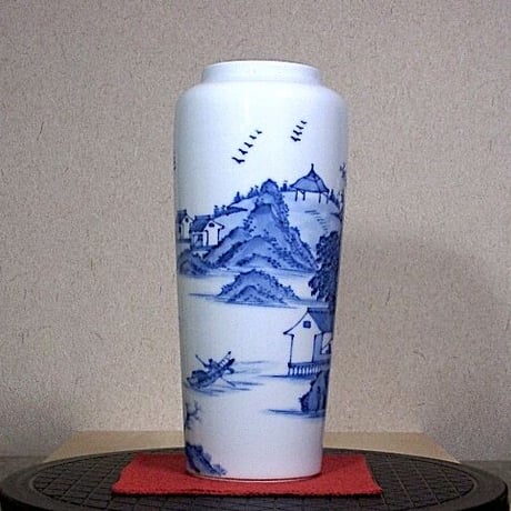 京焼・清水焼　大丸北峰（初代）作　青華山水図　花瓶　無傷　共箱　保証。