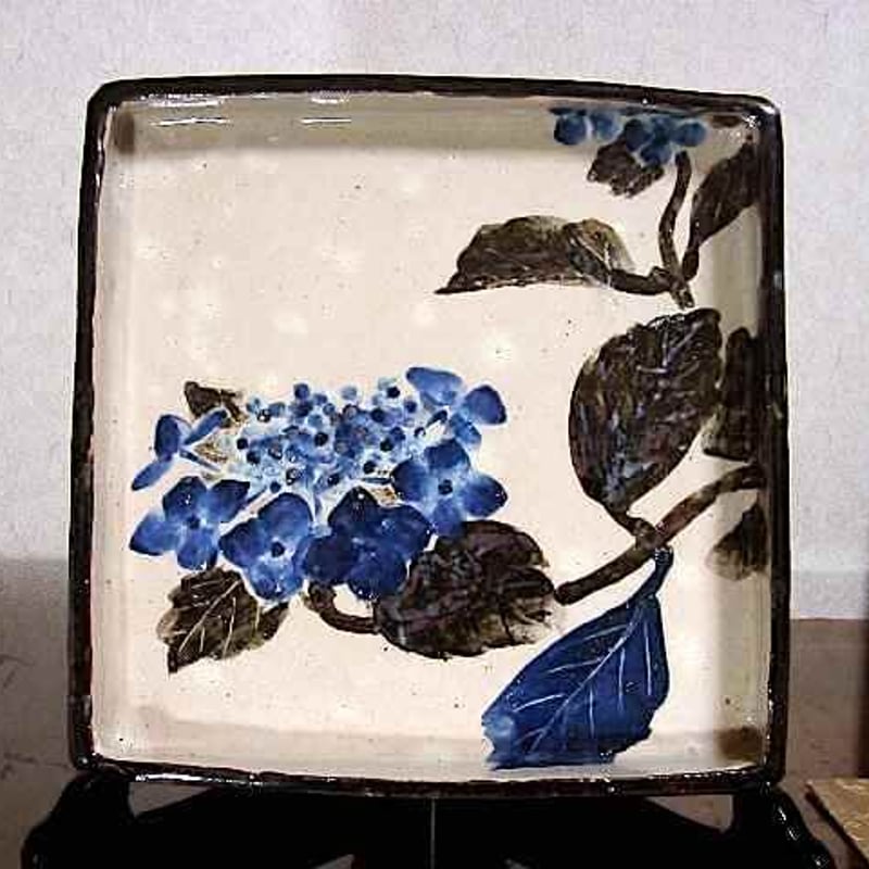 鎌倉 尾形奈美（乾女）作 乾山意 八仙花 角皿 無傷 共箱 保証