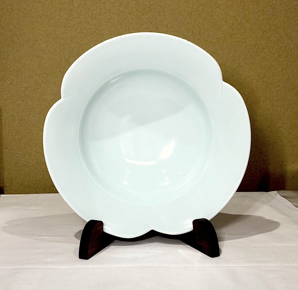 丹波窯 ピーター ハーモン 作 青白磁 花弁鉢 在銘 無傷 共箱