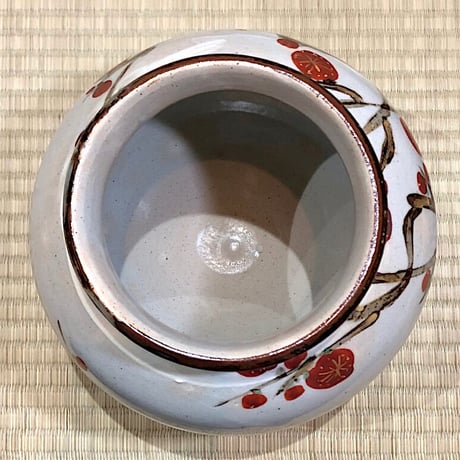 瀬戸焼　五代加藤幸兵衛作　紅梅文花瓶　無傷保証　共箱　古物。