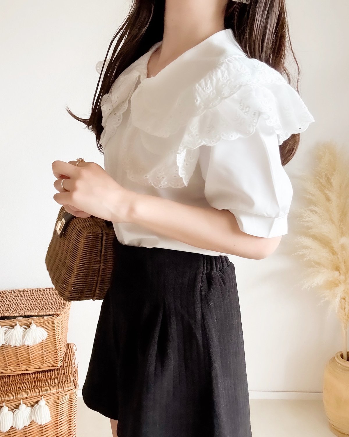 【45R】薄オックスのフリルオーシャンブラウス　ギンガム　フリル　日本製 big collar frill blouse / sky blue （ビッグカラーフリル