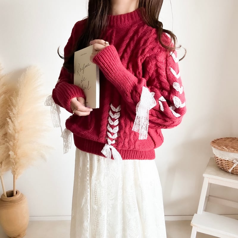 TOMORROWLAND　ケーブル編み　ニット　カシミヤ混　バックレースアップ Chico】ケーブルマルチウェイバックレースアップニット[品番