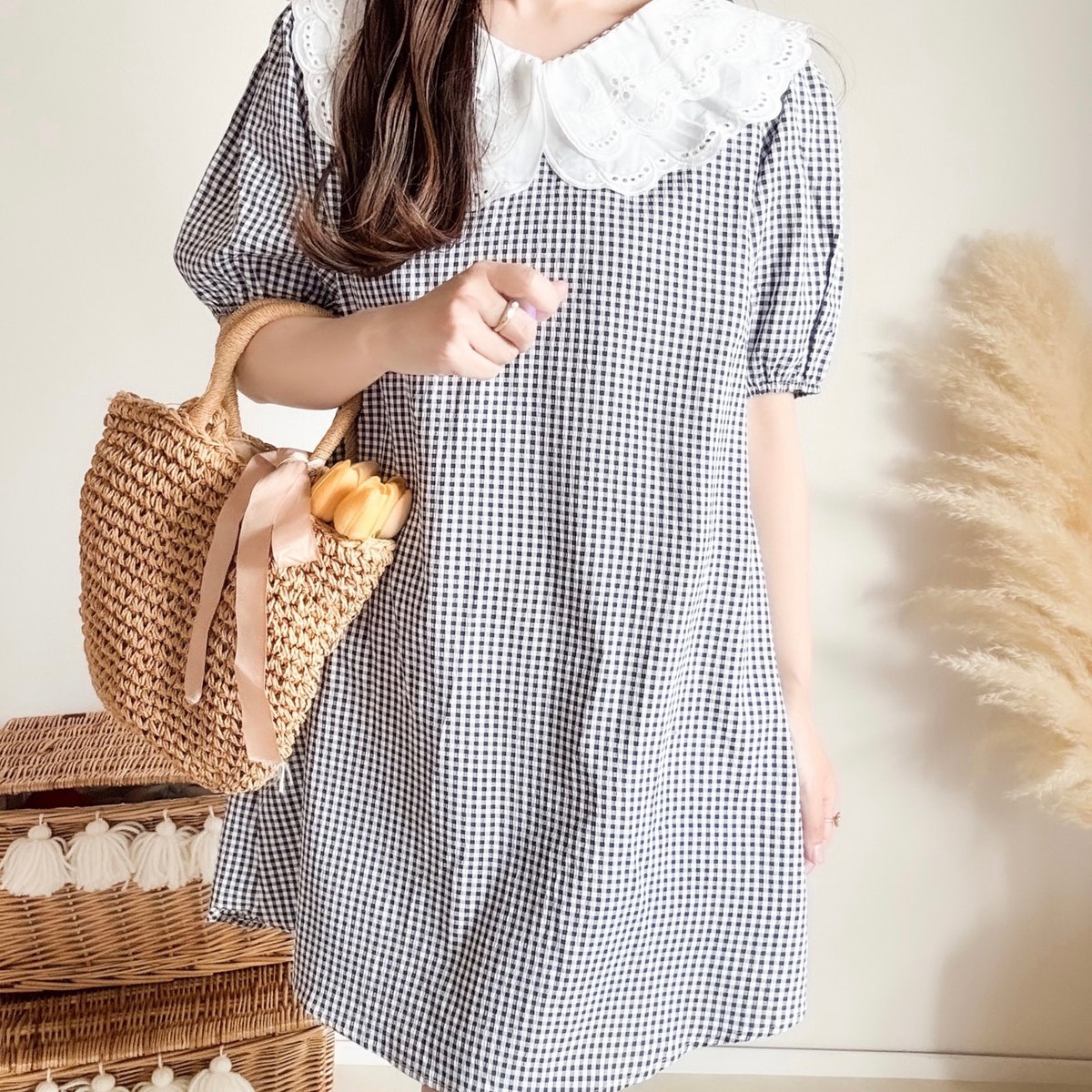 リリーポエム チェック柄 ピンタック&レースのワンピース チェック柄レーススリーブリボン付きワンピース | Lilyme selectshop