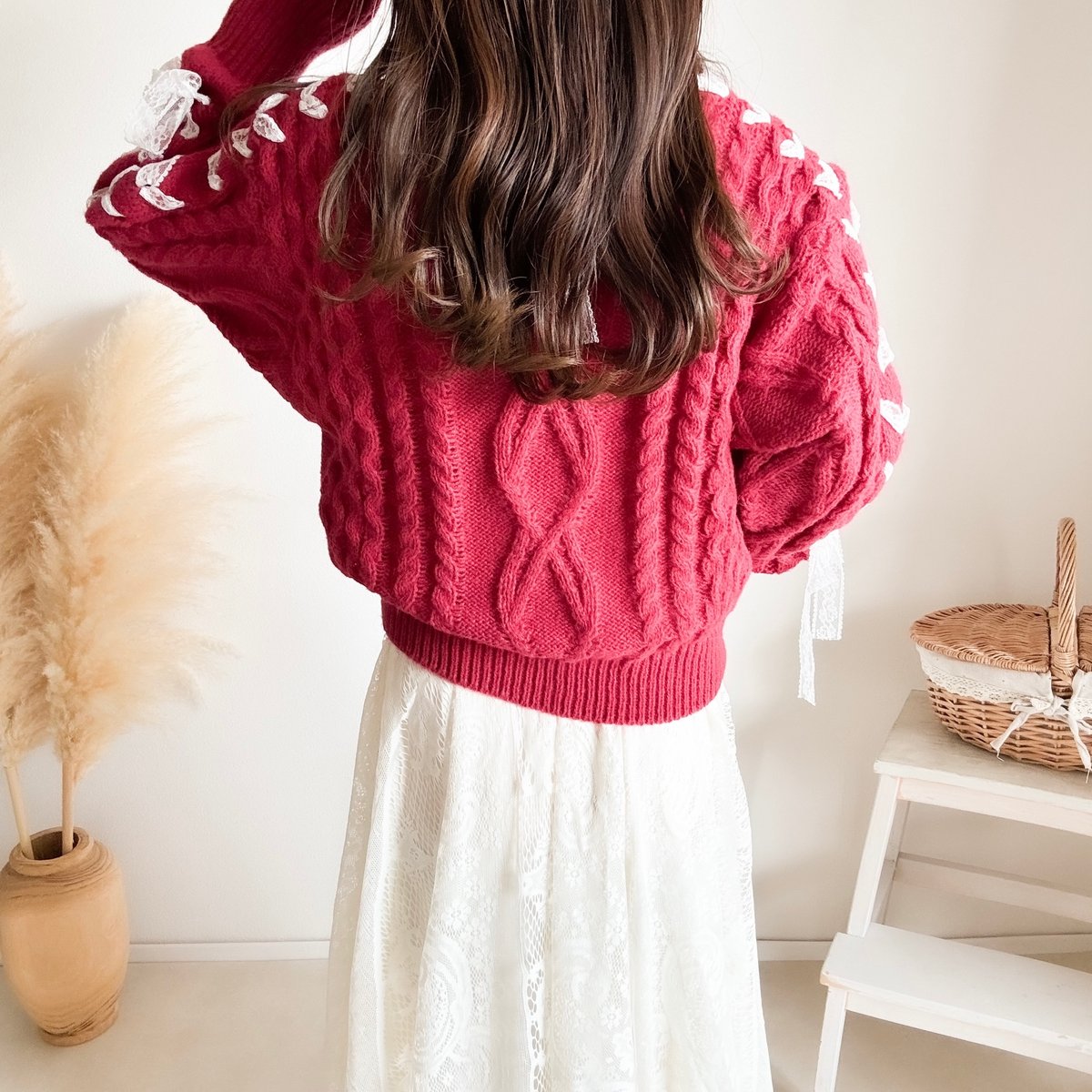 レースリボンケーブル編みニットトップス | merrylatte 