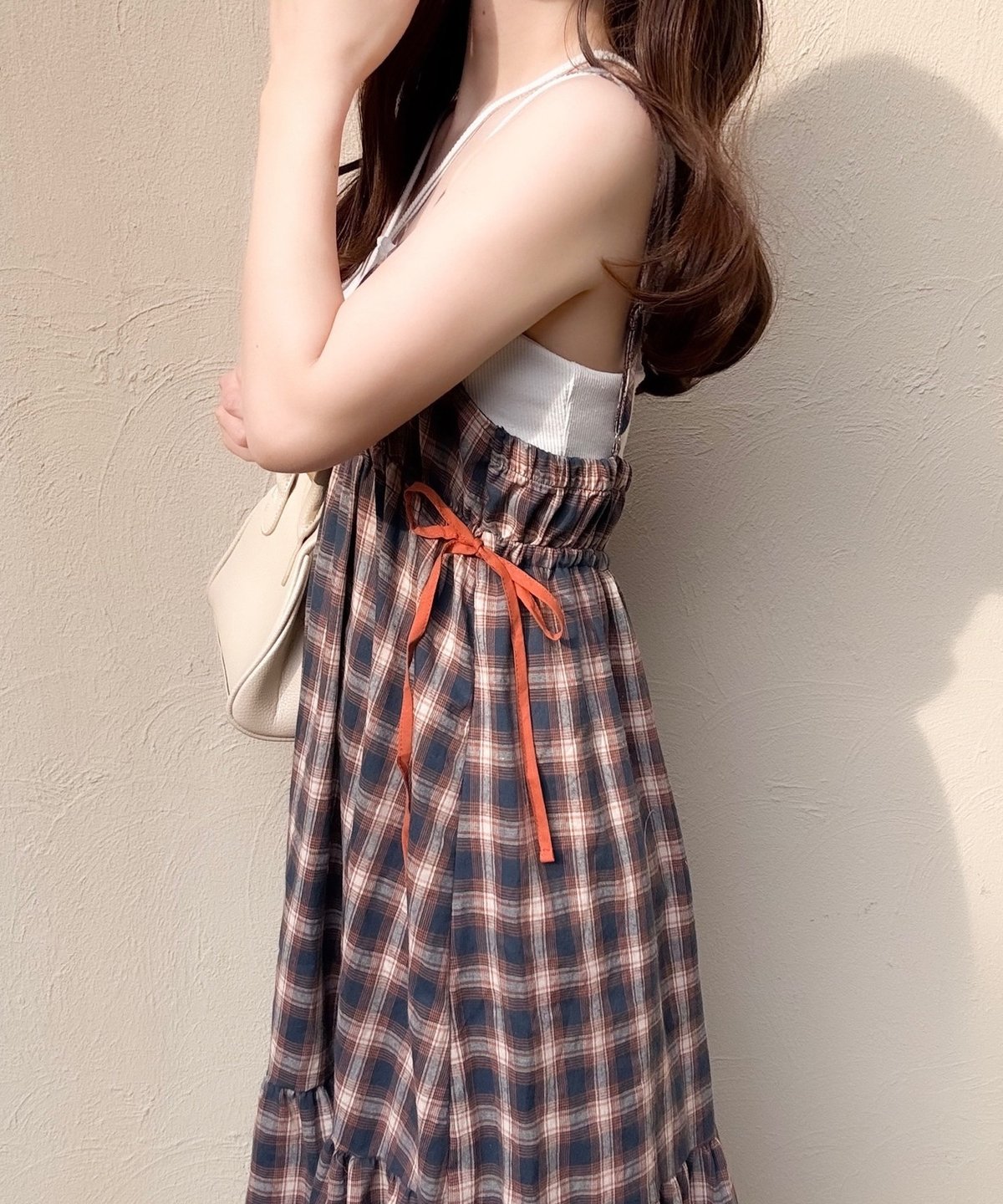 ANDMARY チェック柄キャミワンピース・サイドリボン付き チェック柄