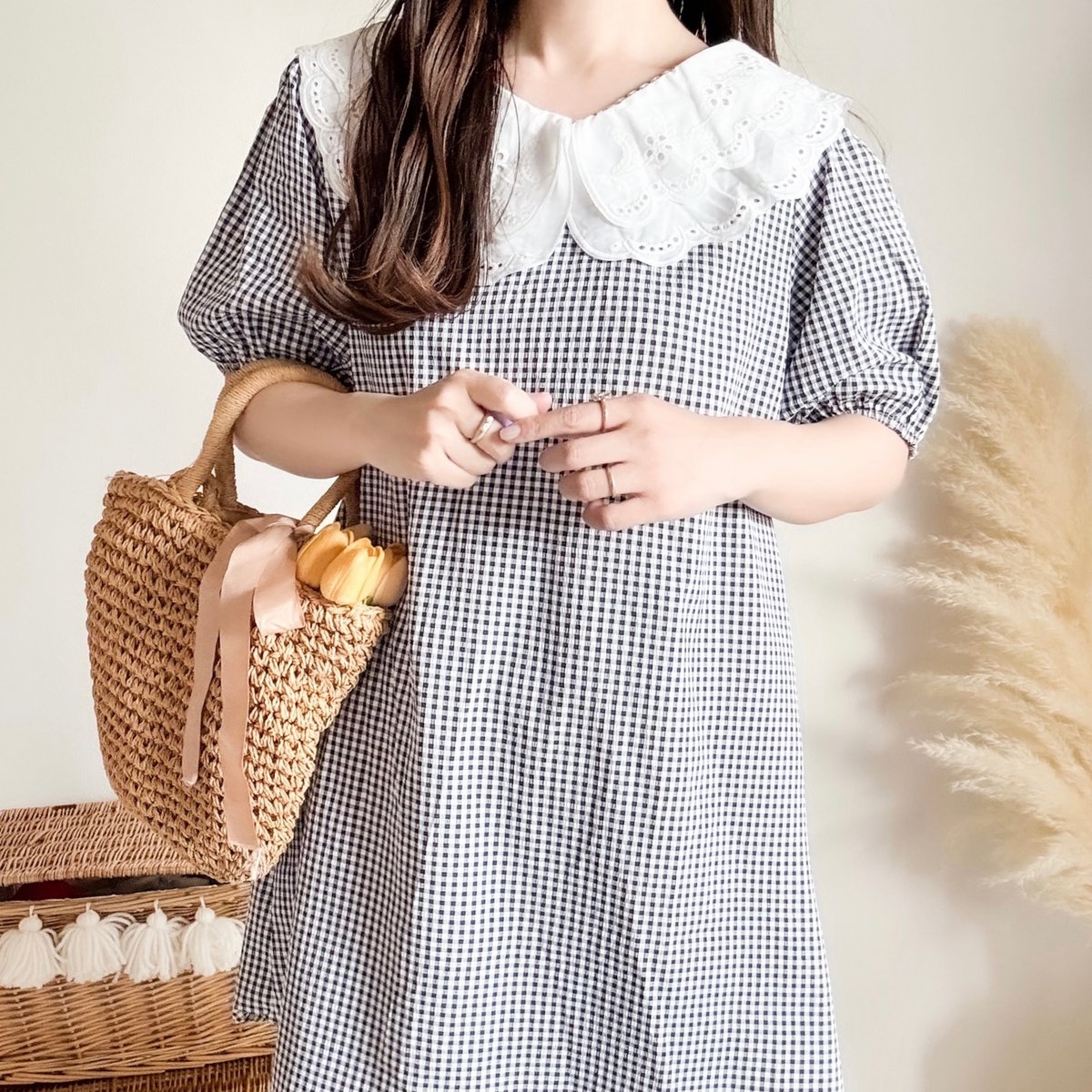 即納あり】レース襟ギンガムチェックワンピース | merrylatte