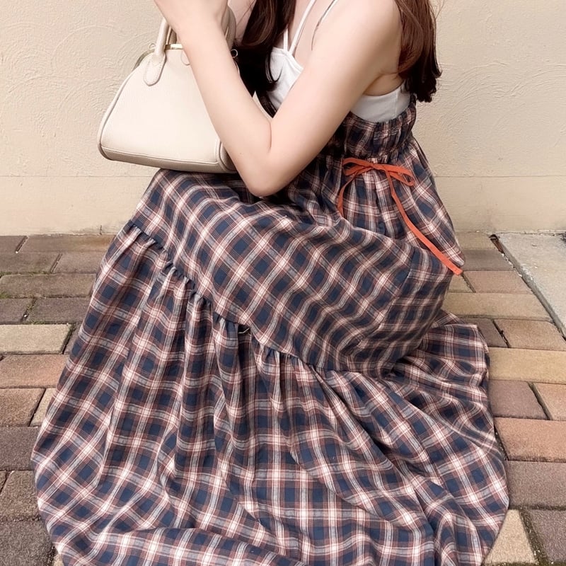 即納】サイドリボンチェックキャミワンピースman30 | merrylatte