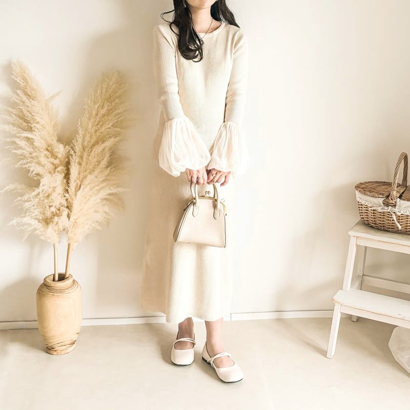 即納】チュールスリーブリブニットワンピース【数量限定