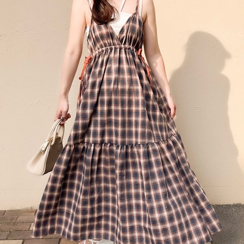 ANDMARY チェック柄キャミワンピース・サイドリボン付き ANDMARY