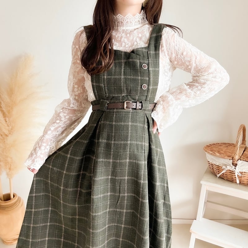 ベルト付きチェック柄ジャンパースカート【green】man24