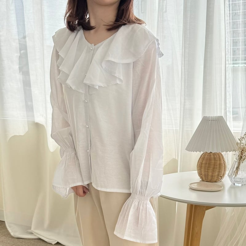 merrylatte original/即納】パールボタンシアーフリルカラーボリューム  