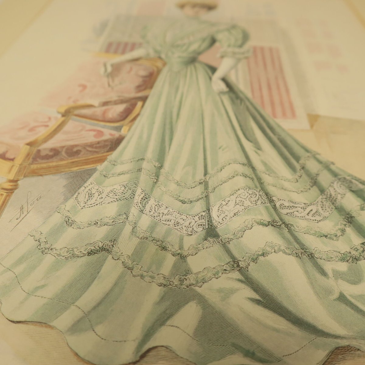 A008【版画複製版】フランスアンティーク 貴婦人 ファッション誌『La