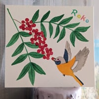 小さな原画-ジョウビタキと南天