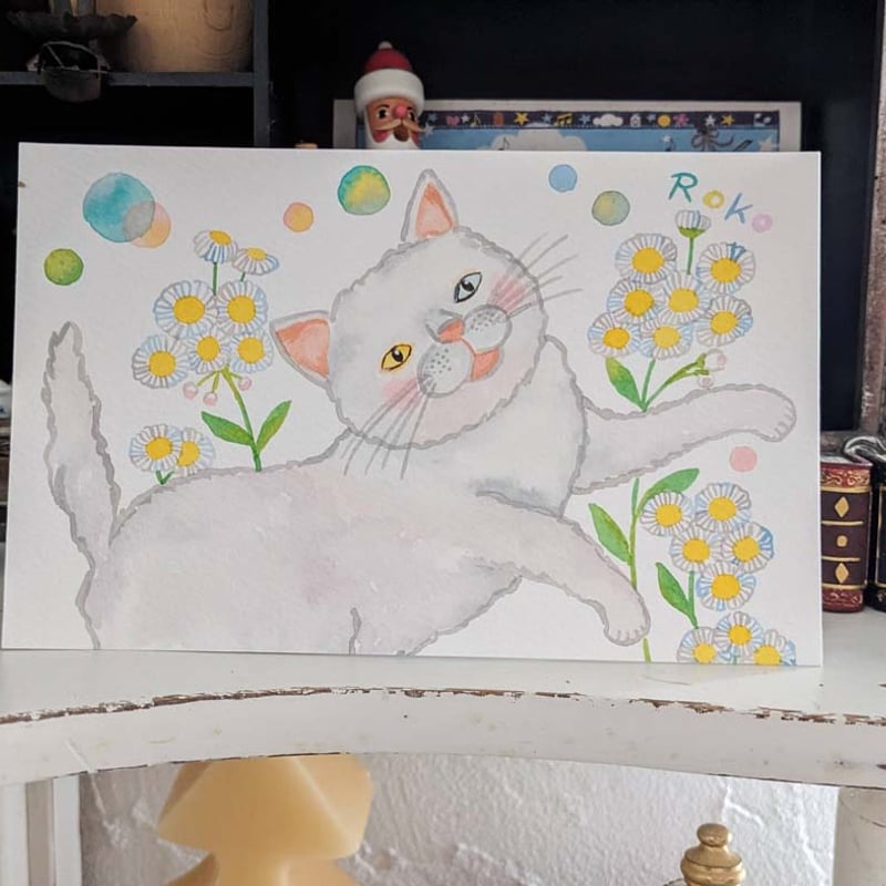 小さな原画-ハルジオンと白猫 | Roko's STORE