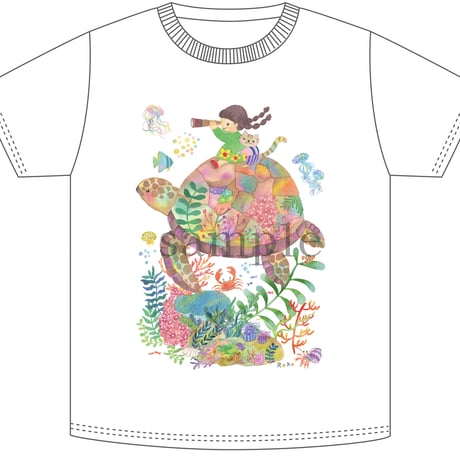おとなとこどもTシャツ-ウミガメと女の子　即納品と受注生産