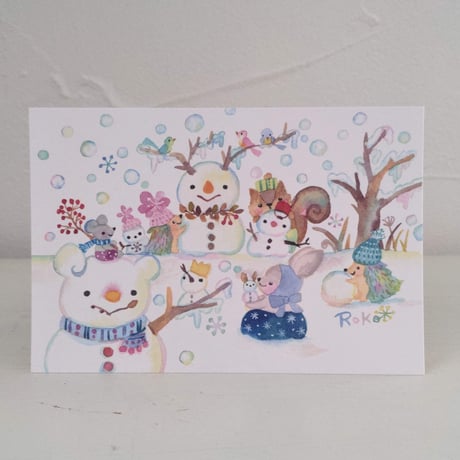 ポストカード　雪だるまがいっぱい