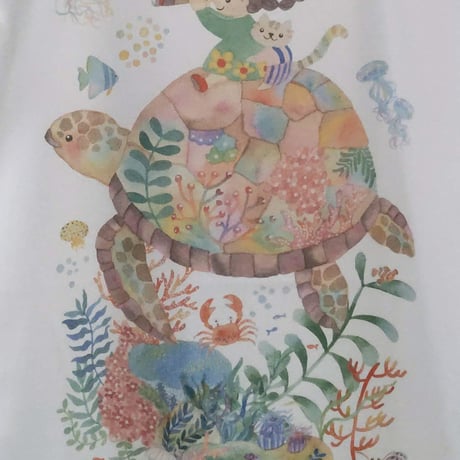 おとなとこどもTシャツ-ウミガメと女の子　即納品と受注生産
