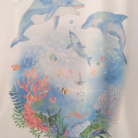 おとなとこどもTシャツ-イルカと珊瑚の夢　即納品と受注生産