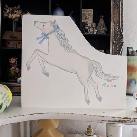 小さな原画-青いリボンの白いお馬さん