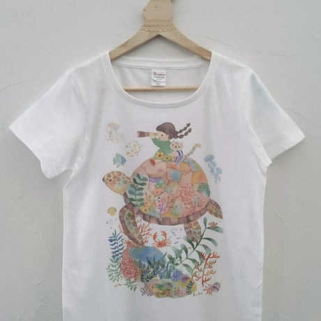 おとなとこどもTシャツ-ウミガメと女の子　即納品と受注生産