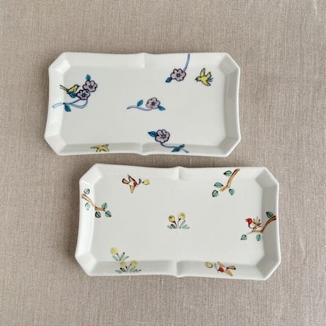 野の花と鳥長方皿