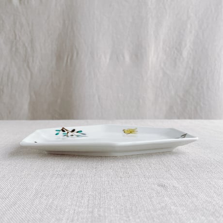鳥とオリーブ変形六角皿