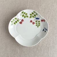 ヒタキとバラの実木瓜皿（ピンク）