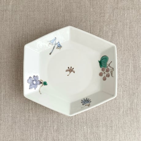 色絵花実文変形六角深皿