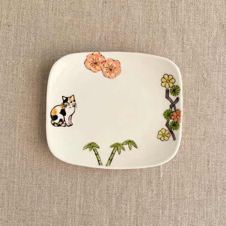 松竹梅とミケ猫菓子皿