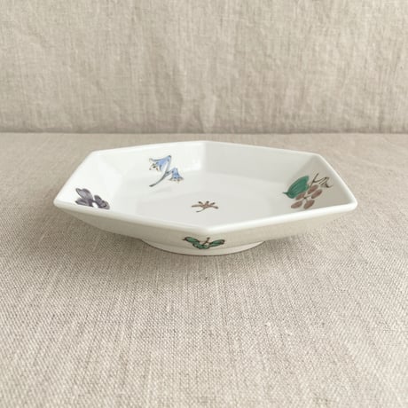 色絵花実文変形六角深皿