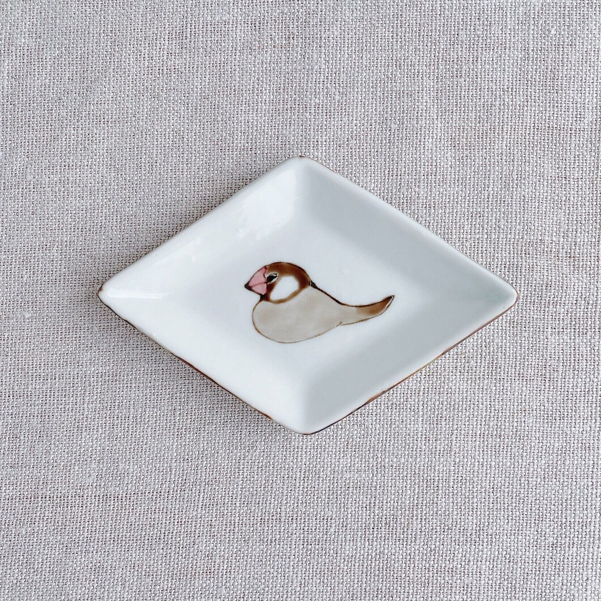 【未使用品】内村七生 桜文鳥 シナモン文鳥 シルバー文鳥 菱形豆皿 3点セット シナモン文鳥菱形豆皿 | nao uchimura 内村七生