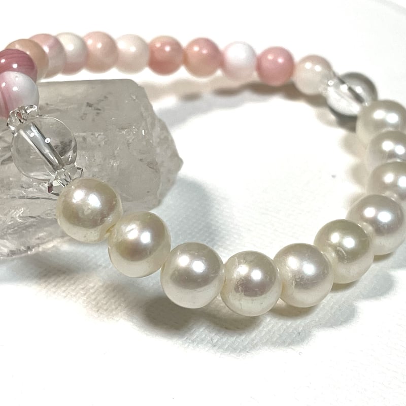 淡水パール ピンクオパール 水晶 天然石 ブレスレット バイカラー