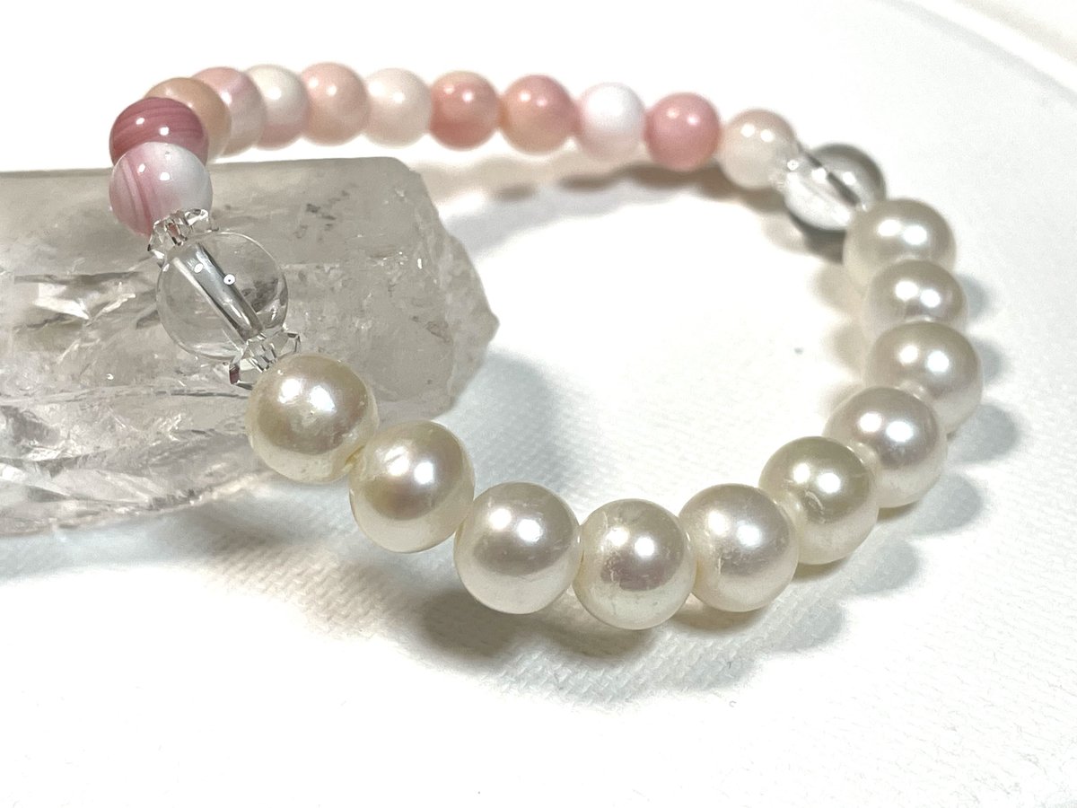 淡水パール ピンクオパール 水晶 天然石 ブレスレット バイ