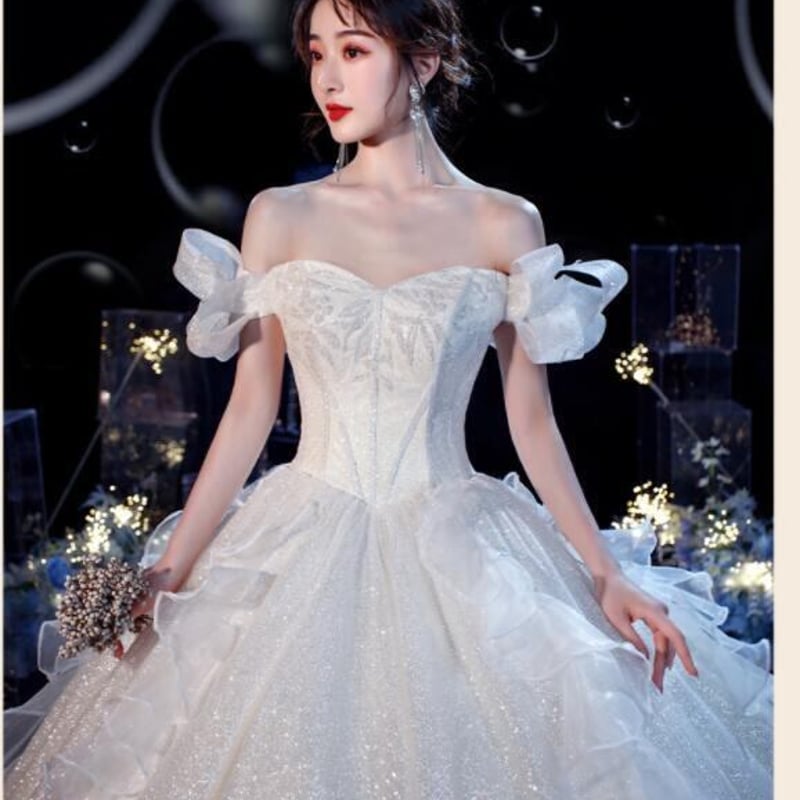 ☆M(9号☆オフショルダーチュールウエディングドレス(OPN1007  