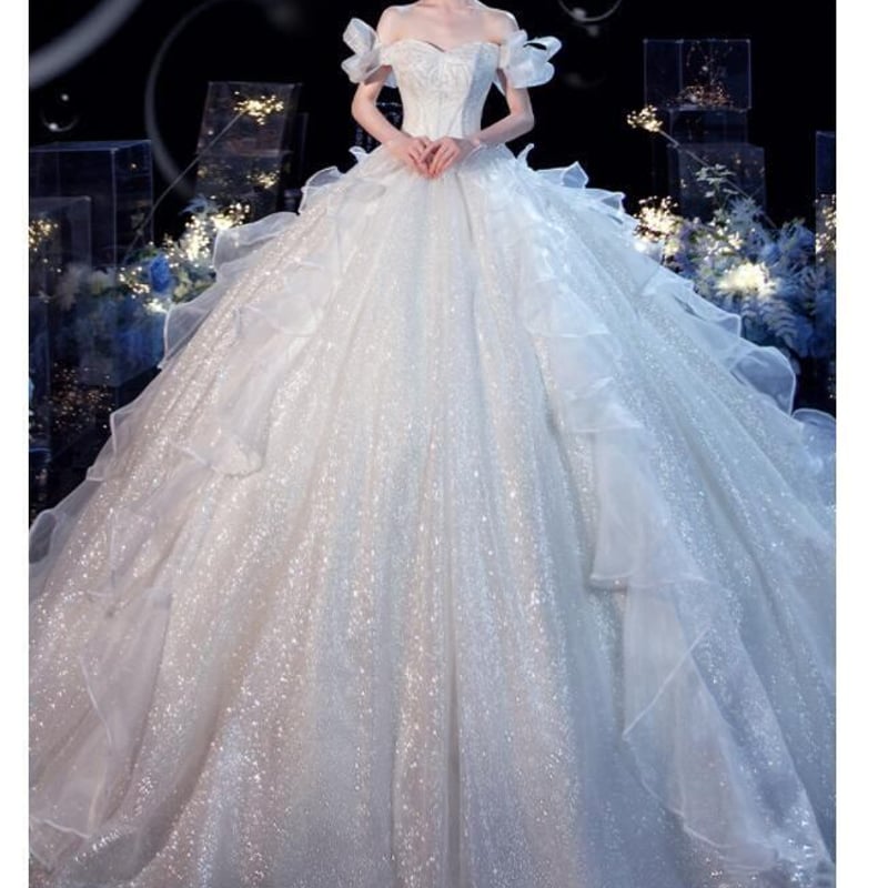 ☆M(9号☆オフショルダーチュールウエディングドレス(OPN1007  