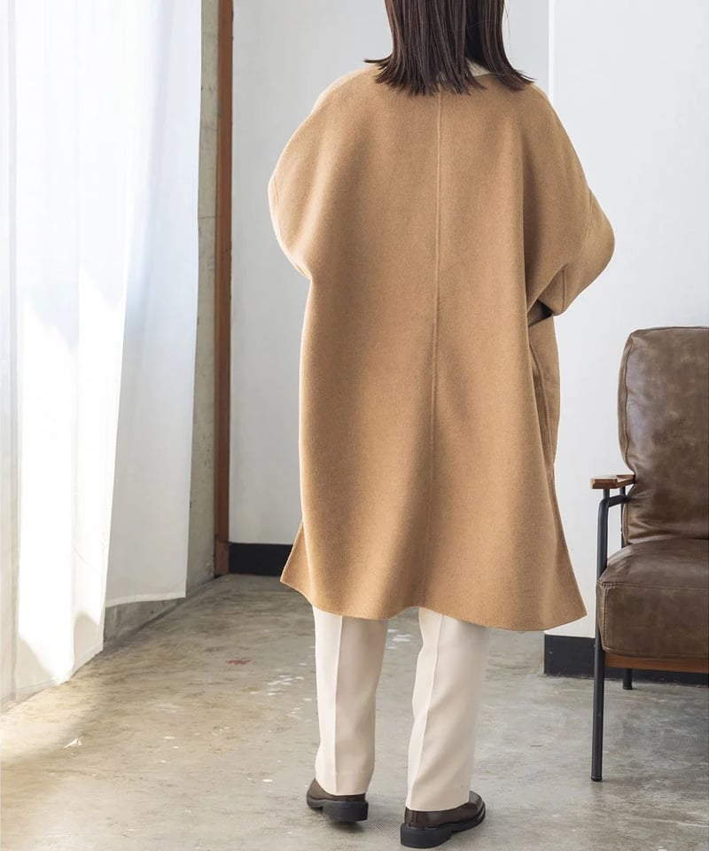 TREFLE+ ノーカラー リバーコート パール ダブルフェイス キャメル TREFLE+ ノーカラー リバーコート パール ダブルフェイス キャメル