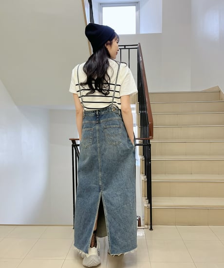 PaulineBleu(ポリーヌブルー) 裾フリンジデニムジャンスカ デニム　ジャンパースカート 裾フリンジデニムジャンスカワンピース56896/56897  2025SS送料無料　丈のみ2サイズ展開