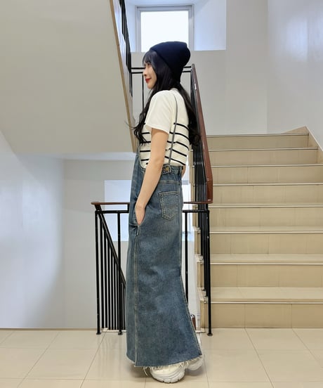 PaulineBleu(ポリーヌブルー) 裾フリンジデニムジャンスカ デニム　ジャンパースカート 裾フリンジデニムジャンスカワンピース56896/56897  2025SS送料無料　丈のみ2サイズ展開