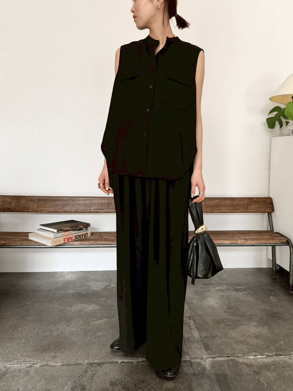 Cafune カフネ mat stretch georgette tuck sleeve bl