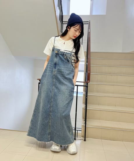 PaulineBleu(ポリーヌブルー) 裾フリンジデニムジャンスカ デニム　ジャンパースカート 裾フリンジデニムジャンスカワンピース56896/56897  2025SS送料無料　丈のみ2サイズ展開