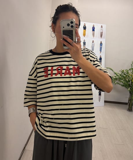 MARIED'OR マリードール　テープロゴボーダー五分袖Tシャツ　14144