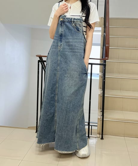PaulineBleu(ポリーヌブルー) 裾フリンジデニムジャンスカ デニム　ジャンパースカート 裾フリンジデニムジャンスカワンピース56896/56897  2025SS送料無料　丈のみ2サイズ展開
