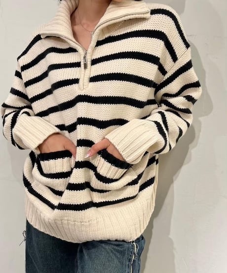 Pauline Bleu(ポリーヌブロー)ハーフZIPボーダーニット35254