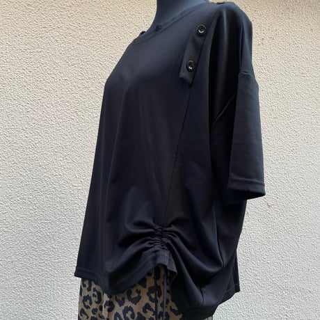 Shoulder Button & Drawstring Ruched T-Shirt/F256