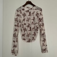 Sheer Long Sleeve Tops Cowboy Print/F274