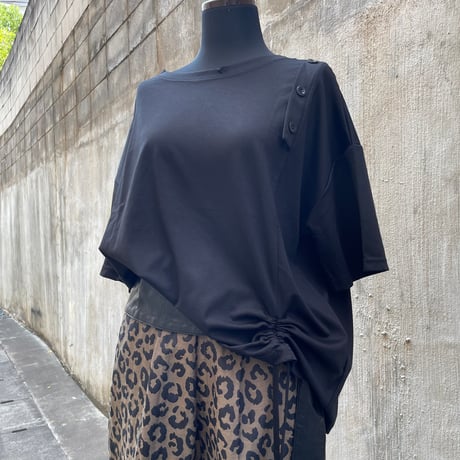 Shoulder Button & Drawstring Ruched T-Shirt/F256