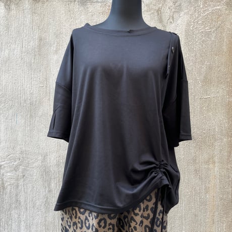 Shoulder Button & Drawstring Ruched T-Shirt/F256