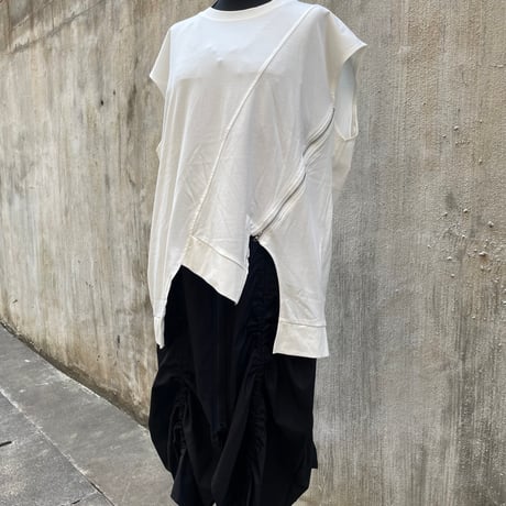 Zip-Slit Asymmetric French Sleeve Tops/F255