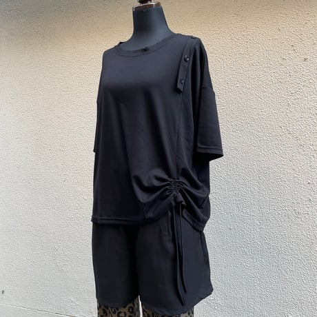 Shoulder Button & Drawstring Ruched T-Shirt/F256