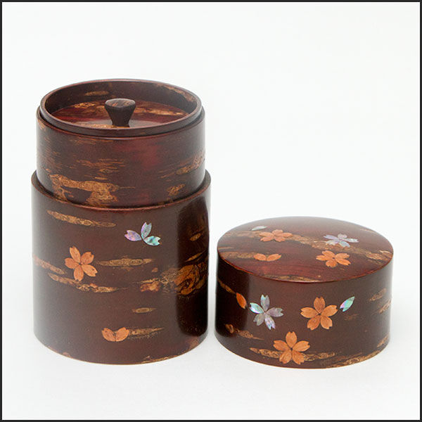 桜皮細工 総皮茶筒 らでん貝付桜 大（樺細工）｜秋田角館 桜皮細工